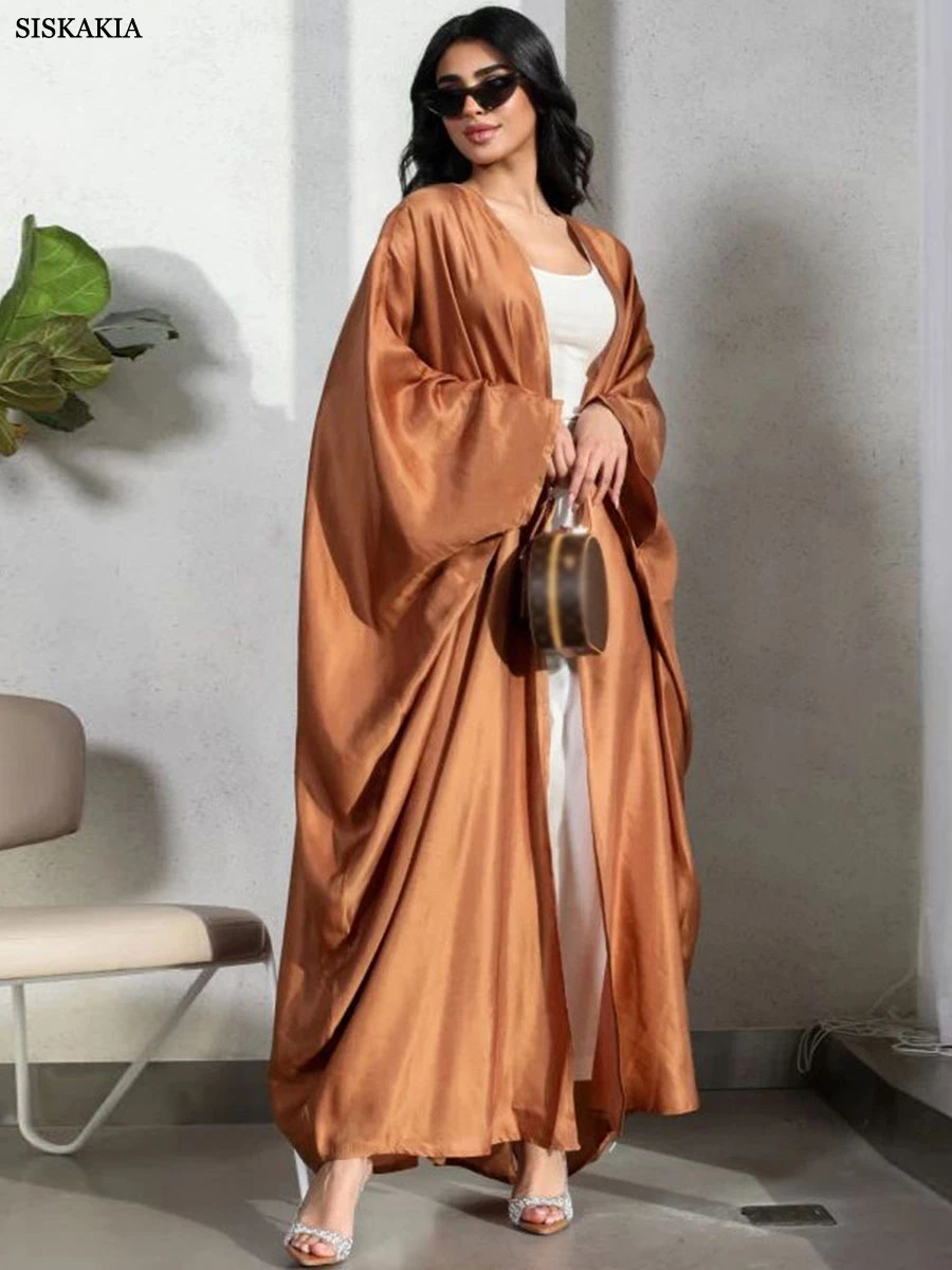 Siskakia Dubai Solid Open Abaya For Muslim Woman Batwing Sleeve Moroccan Saudi Cardigan Elegant Casual Loose Kaftan Fashion Robe