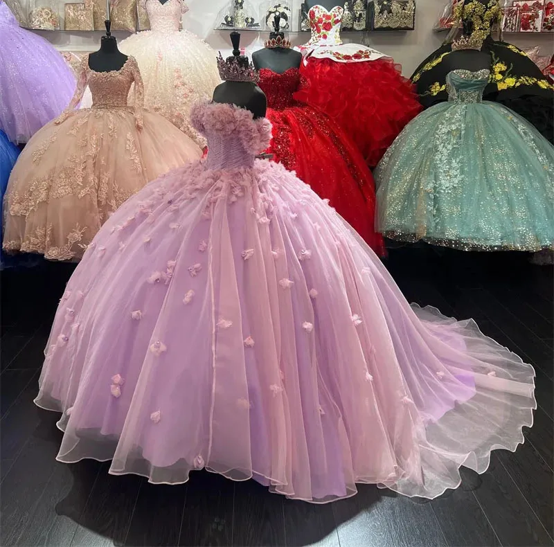 Roze Prinses Quinceanera Jurken Baljurk Strapless Tule Bloemen Sweet 16 Jurken 15 Años Custom