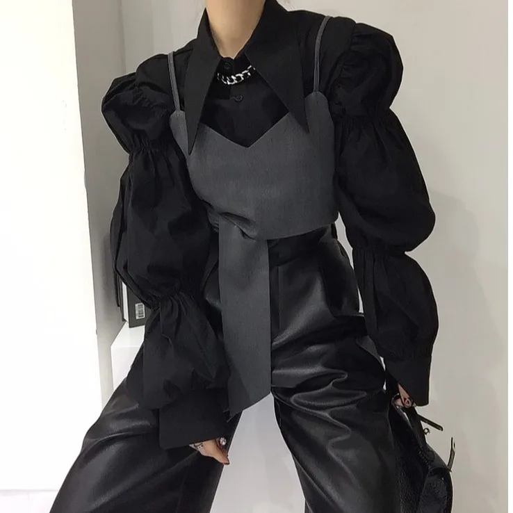 Versatile Lantern Sleeve Shirt Outerwear Tank Top Matching High Waist Universal Fit Fashion Set for Young Women in Their 20s