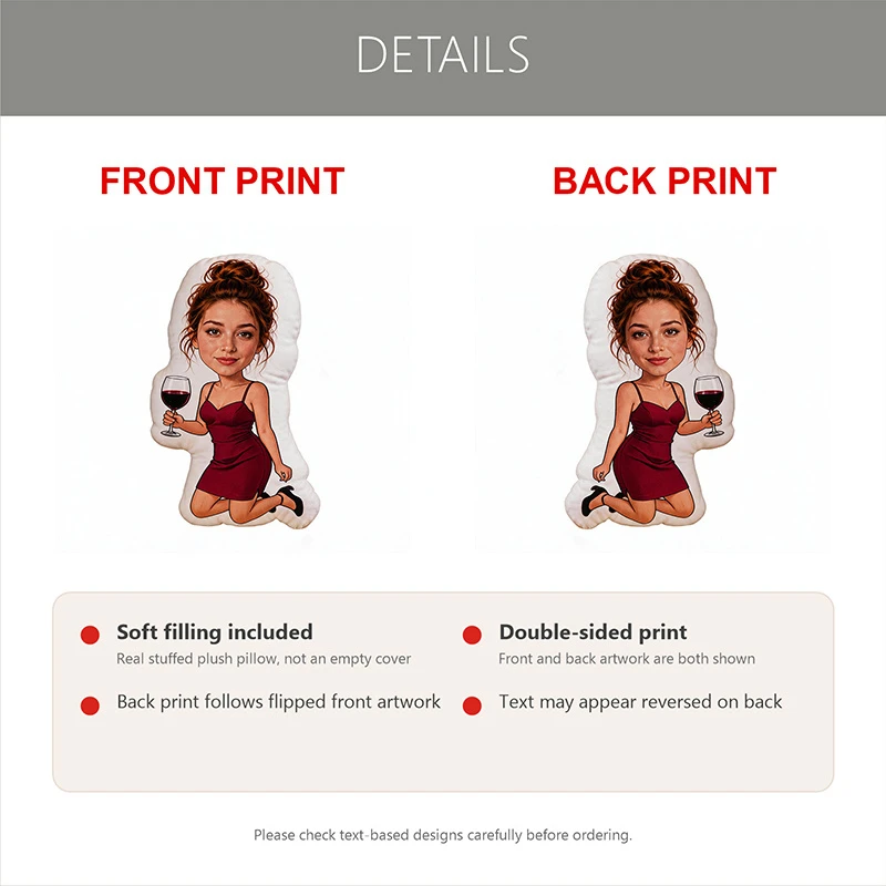 Custom Personalized Photo Face Pillow, Red Dress Woman Holding Wine Glass Shaped Decorative Cushion, 60cm Large Size Accent Pill