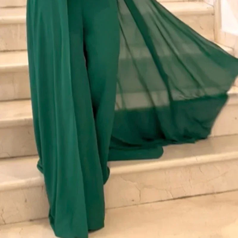 Fashion Sleeveless Hollow Out Cloak Playsuit Elegant Solid Green Long Jumpsuits Summer Ladies High Waist Wide Leg Pants Romper