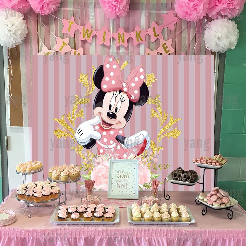 Cartoon Custom Disney Baby Mickey Minnie Mouse Lovely Flowers Birthday Party Decoration Pink Backdrop Photography Background