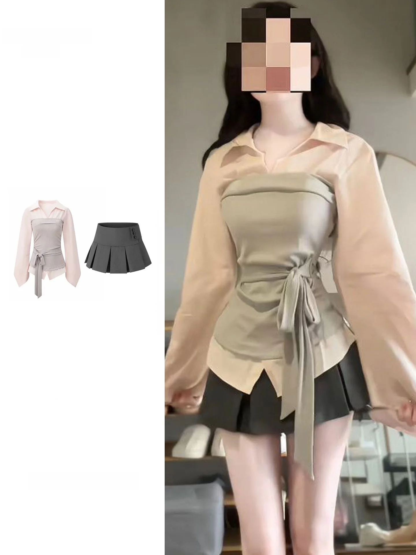 Women's plus Size Korean Style Patchwork Color Block Shirt And Skirt Set High Waist Pleated A-Line Midi Dress Spring New Design