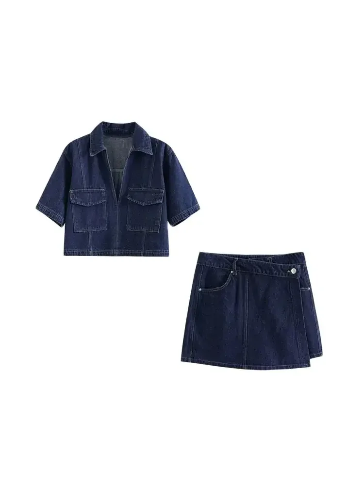 

Женская мода с карманами, джинсовые укороченные рубашки и асимметричные шорты с высокой талией, юбки, женские комплекты из двух предметов