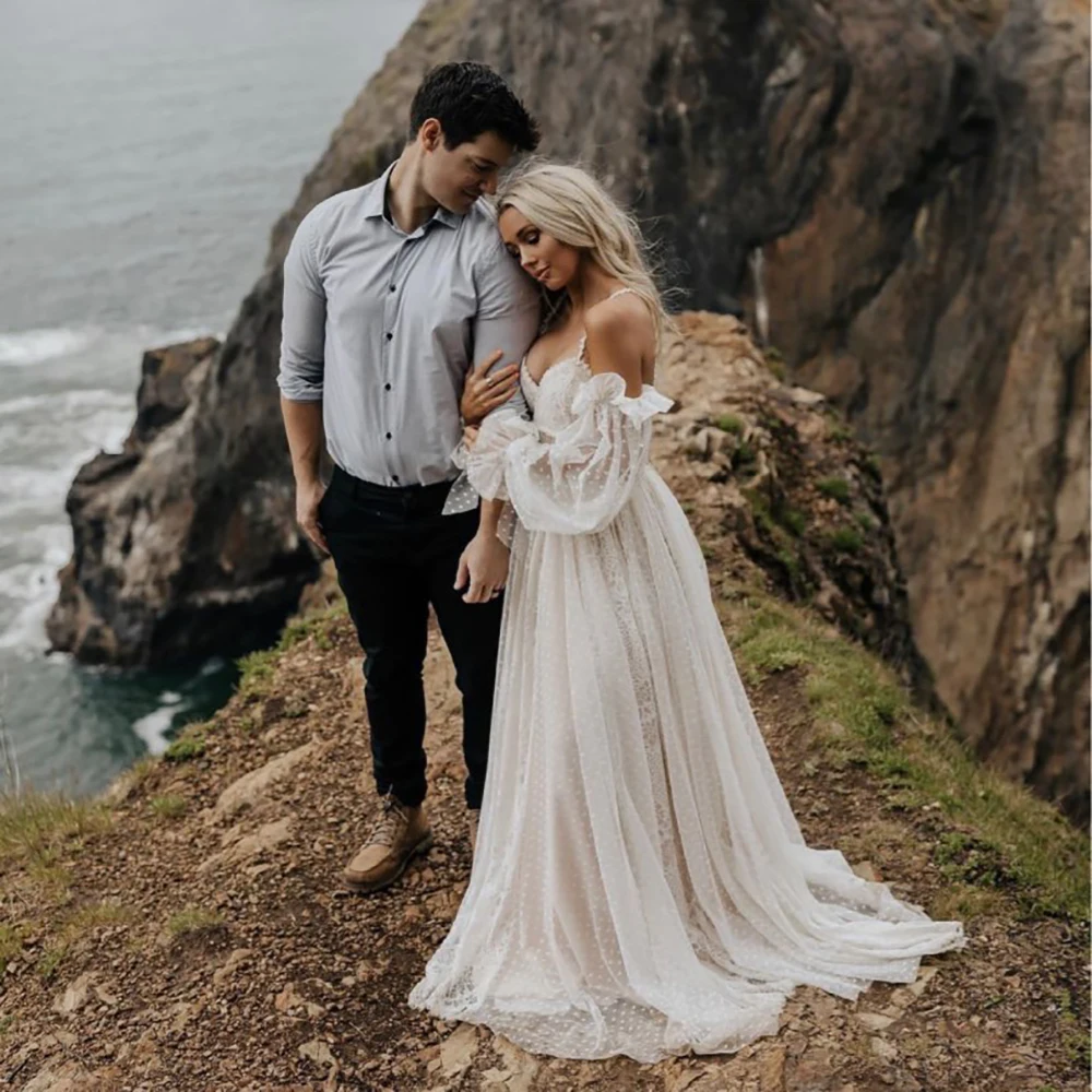 Boho cintas de espaguete vestido de casamento de elopement sem costas espartilho polka pontilhada rendas mangas compridas destacável sem costas vestido de noiva