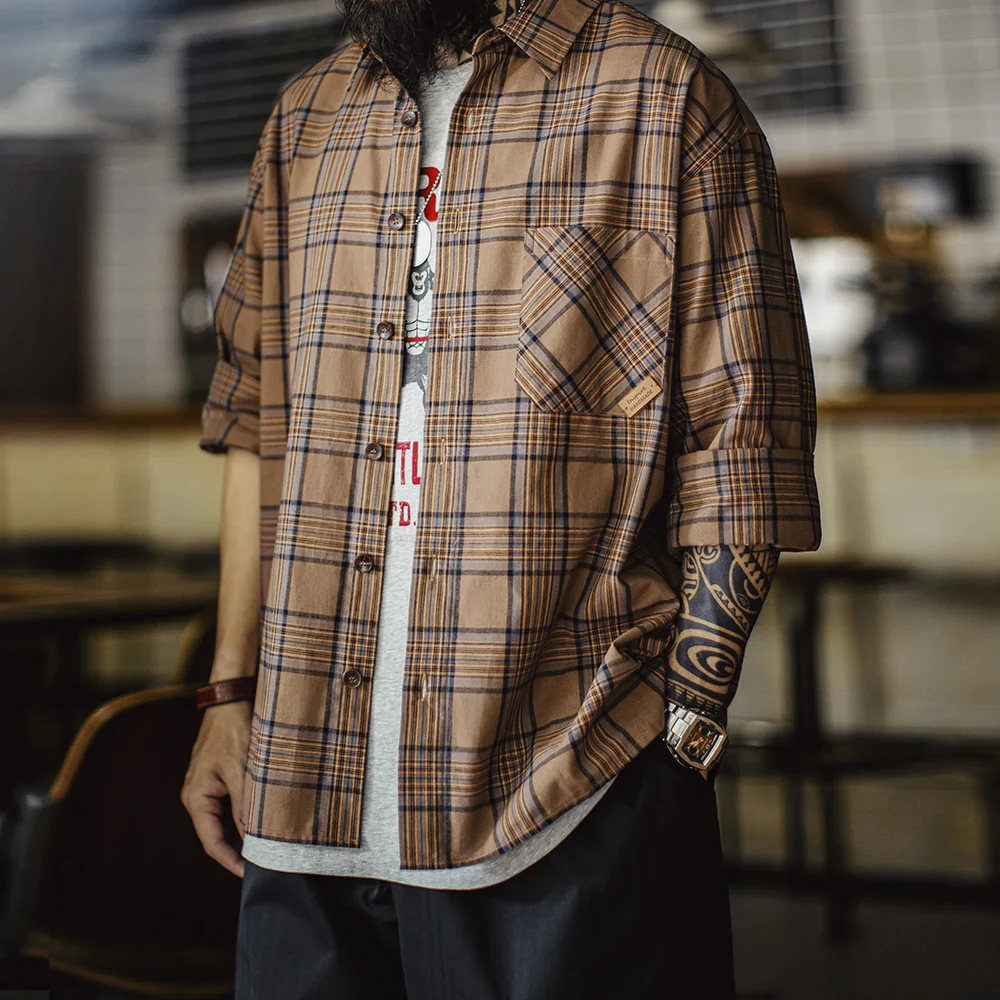 Maden Men's Vintage Plaid Long Sleeve Shirt Lightweight Cotton Single-breasted Collar Loose Fit Blouse Casual Spring Fall Top