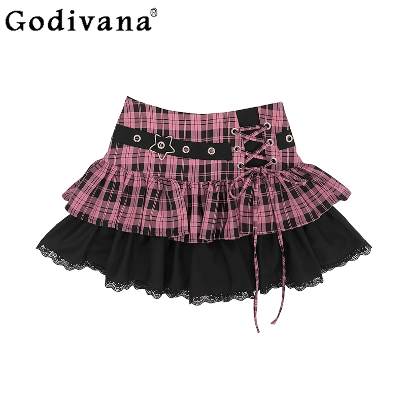 

Elegant Plaid Lace-up Sexy Lace Y2k Sweet Subculture Cake Skirt Women Summer New Street A-line High Waist Versatile Punk Skirts