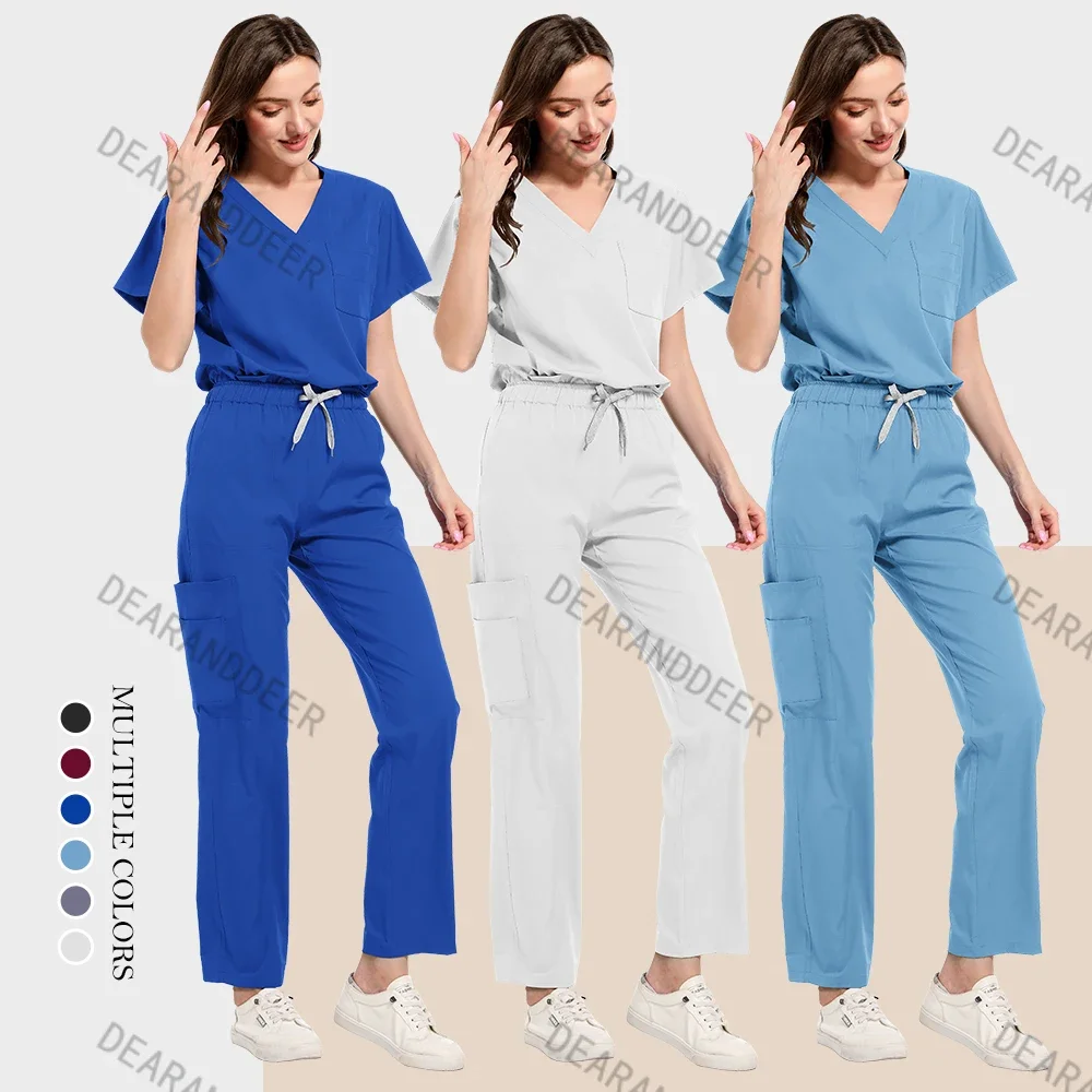 V-neck pure color work clothes dental clinic pet hospital doctor clinical care uniform nurse fashion sports suit top + pants