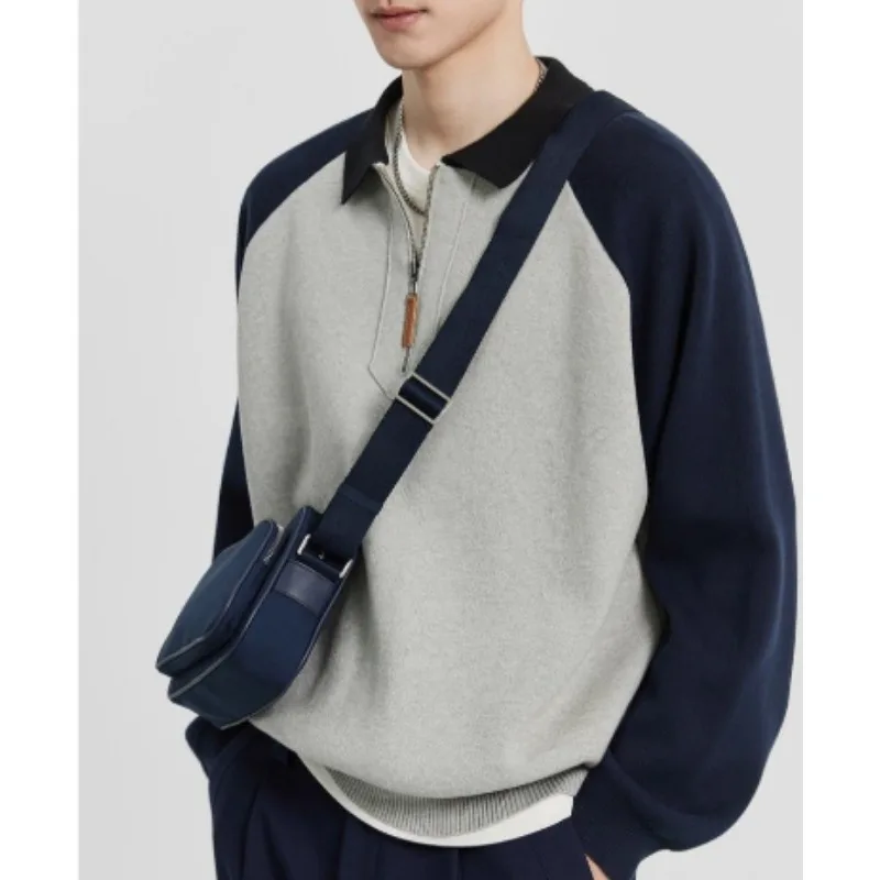 Camisola com zíper jaqueta de malha outono inverno novo estilo bloco de cores pulôver estilo coreano gola casual moda versátil topo