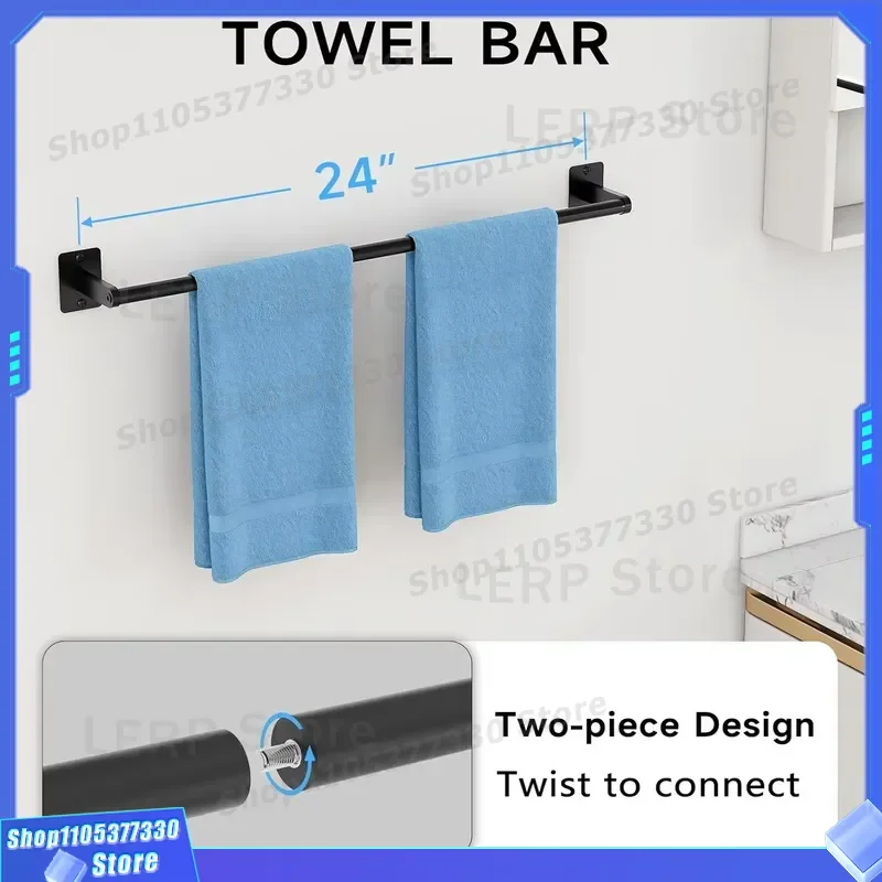Matte Black Bathroom Accessories Set 4 Piece Aluminum Alloy Wall Mount Towel Bar Toilet Paper Holder Coat Hook Hardware Kit