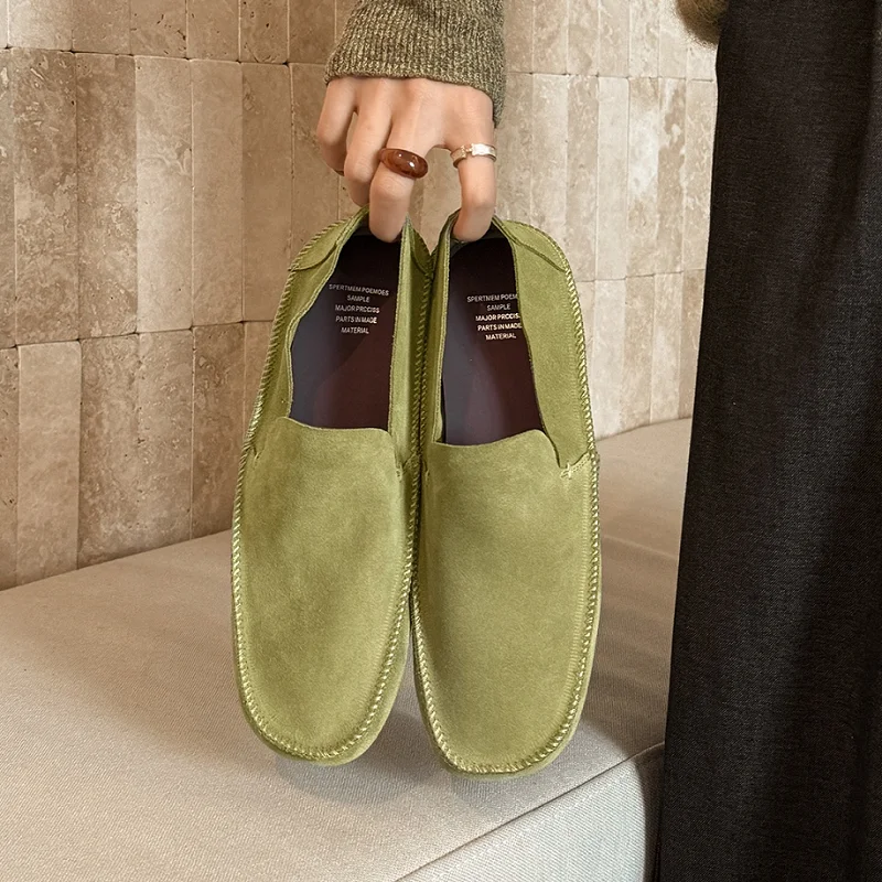 Women Classic Style Simple Shoes Natural Suede Flats Spring Autumn Mules Square Toe Slip On Loafers Woman Work Soft Daily Shoe