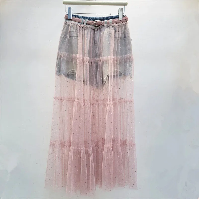 2025 Summer New Fashion Hot Diamond Mesh Skirt Splicing Denim Shorts For Women Versatile Mid Length Skirt Female 11A04633