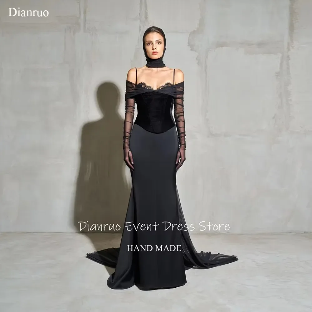 Dianruo Gaun Malam Potongan Renda Bahu Terbuka Jubah Putri Duyung Kereta De Soirée Femme Tali Spaghetti Formal Arab Saudi Disesuaikan