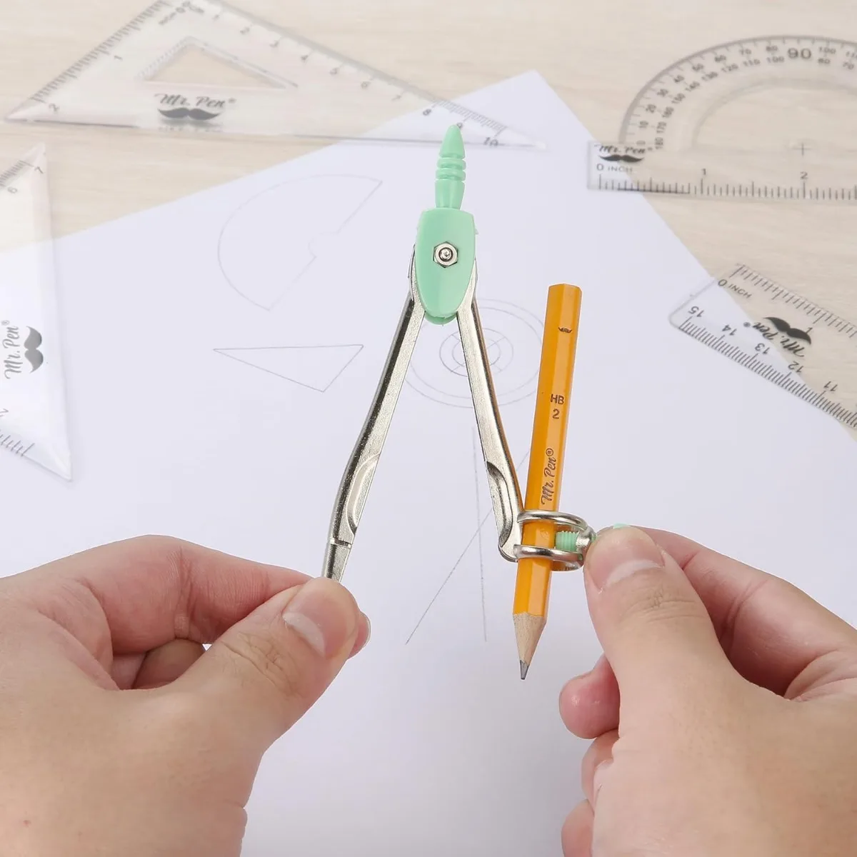 مجموعة هندسية، 13 قطعة، أخضر نعناعي، بوصلة لرياضيات بوصلة الهندسة، مجموعة أدوات هندسية مع صندوق تخزين مقاوم للكسر