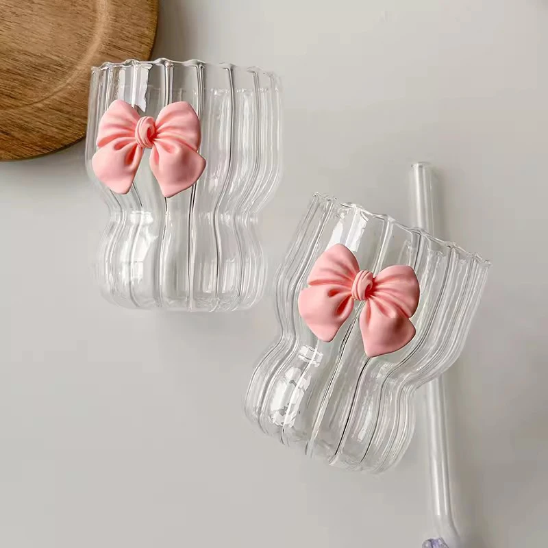 Cute Pink Bow Glass Water Cup Cartoon Bow Glass Cup Striped Cute Doodle Coffee Mug Household Fruit Tea Lemonade Girls Gift