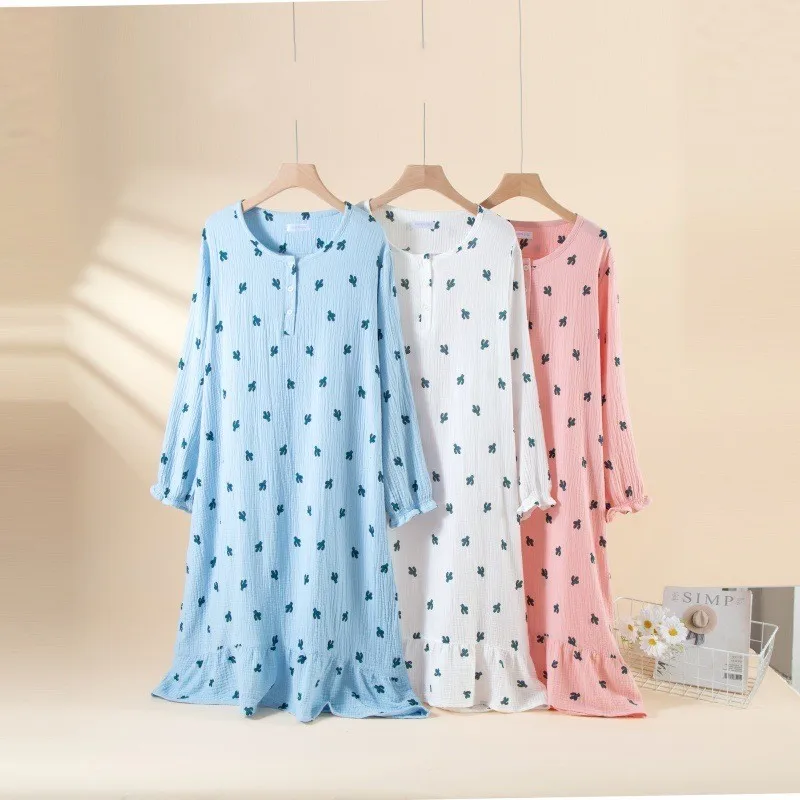 Spring Autumn Women's New Sweet Dress 100% Cotton Yarn Weaving Jacquard Girl Long Sleeve Sleeping Dress High Quality Home Dress