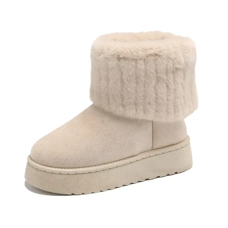 2024 Winter neue Frauen Schneeschuhe Mode Wildleder Plüsch warme Stiefeletten Wohnungen Plattform Damen Schuhe Botas