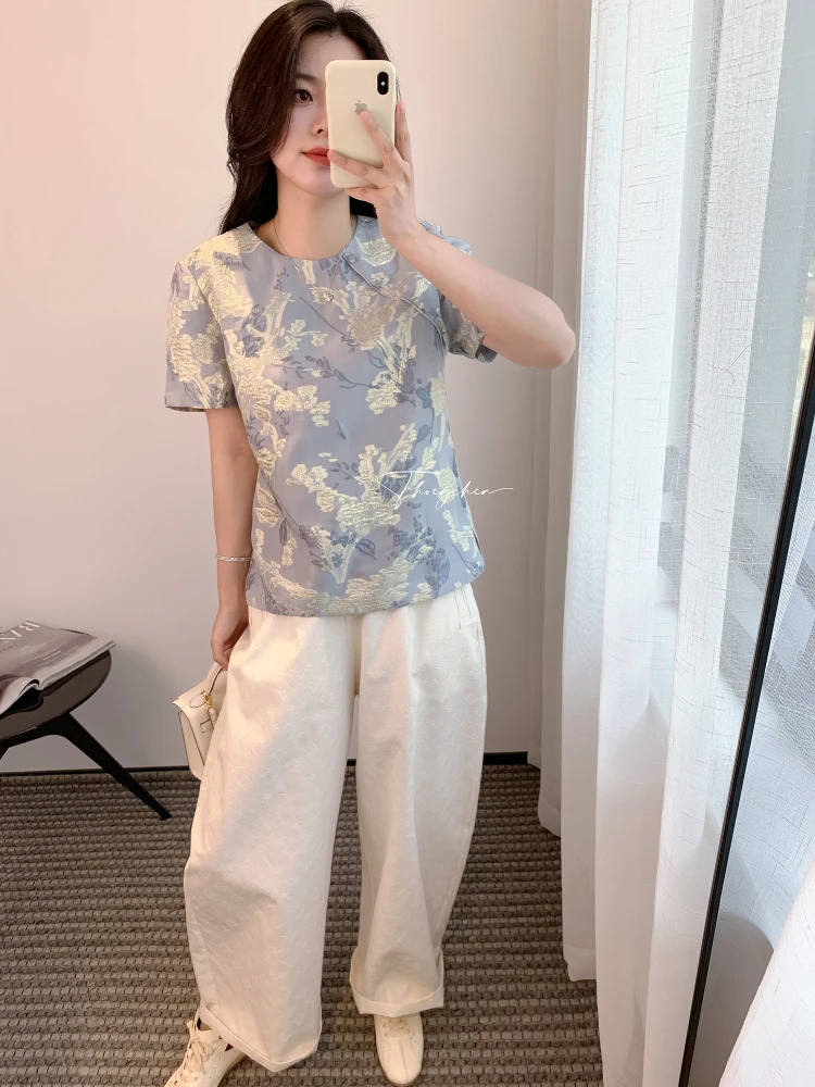 

Thoey Chen Heavyweight Silk Floral Embroidery Loose ort Sve T-irt Women's Summer New Casual Sle round Ne