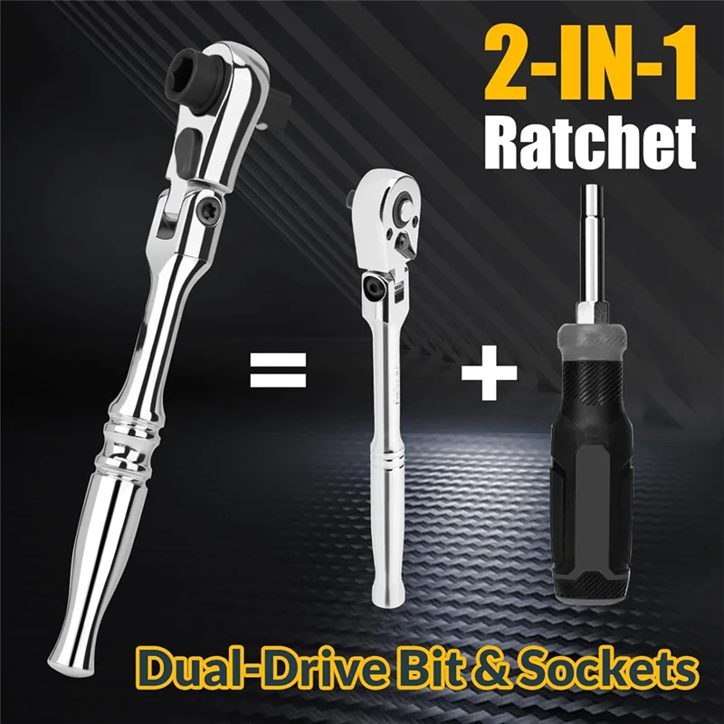HGFLE-1/4 Ratchet Wrench, 2 In 1 Mini Ratchet - Socket And Bit Ratchet, 72 Teeth Reversible, 1/4 Ratchet Bent