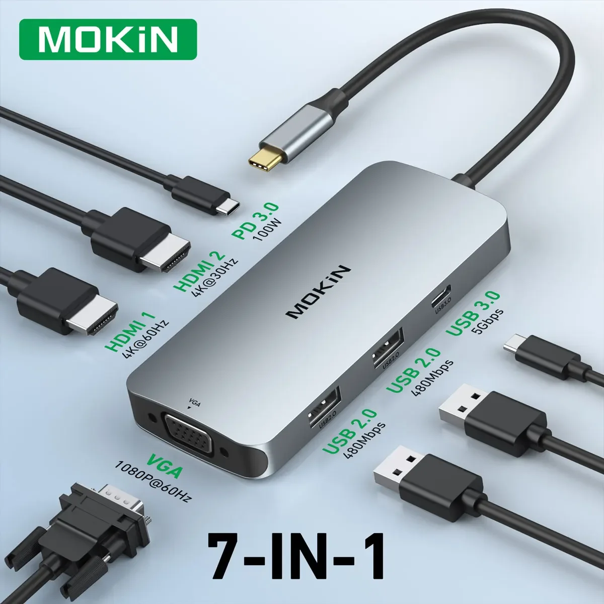 

USB-концентратор, многопортовая док-станция, адаптер USB C-концентратора USB-C на двойной 4K, 5 Гбит/с, USB3.0 PD, 100 Вт, ноутбуки Macbook