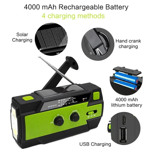 Imagen 2 del producto Manivela Solar portátil de mano, Radio AM/FM para supervivencia, Radio alimentada por batería recargable, Cargador USB, linterna, lámpara de lectura