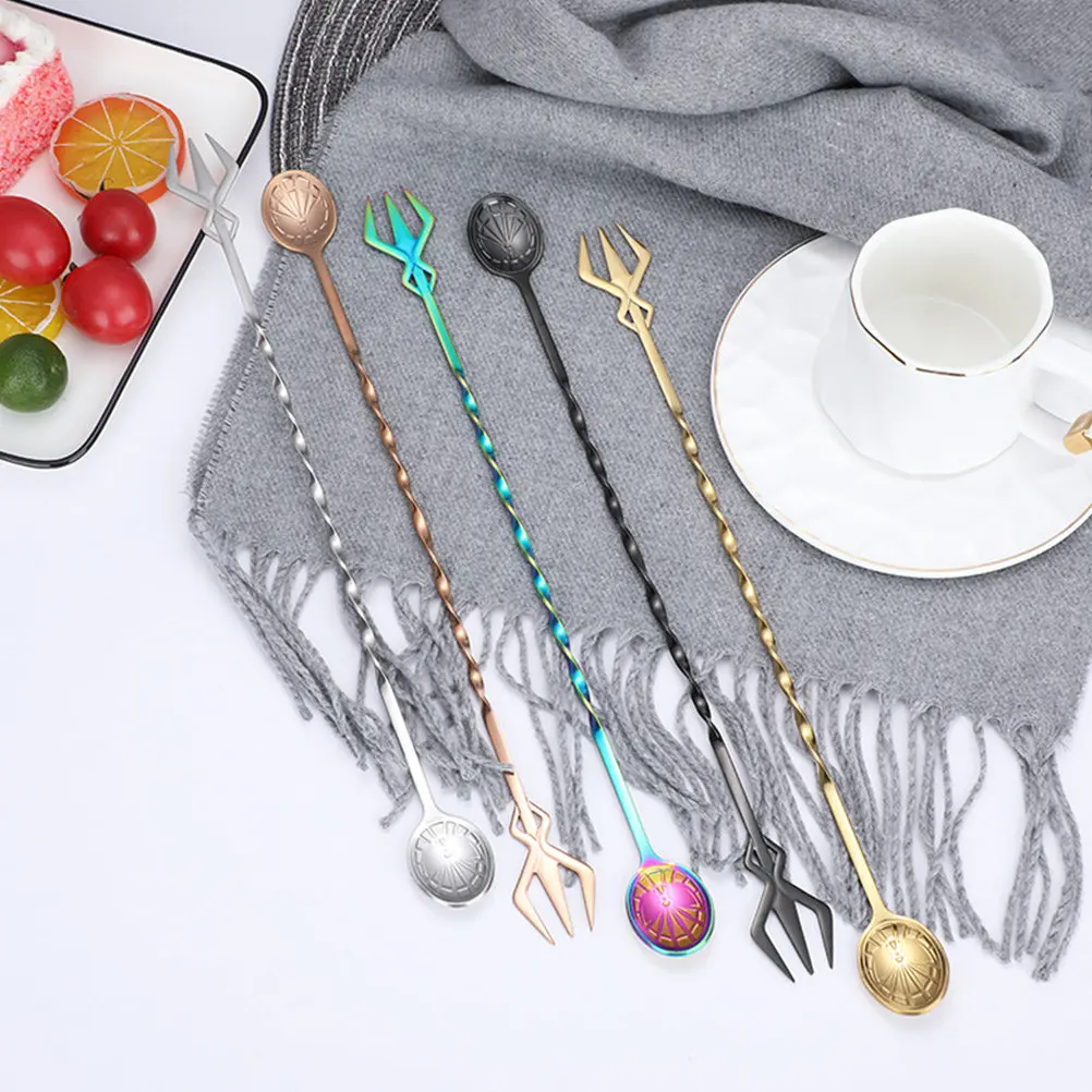 2Pcs Stainless Steel Cocktail Spoons Stirrer Dual Head Mixing Spoon Fork Bar Swizzle Sticks for Drinks Iced Coffee Tea Lemonade