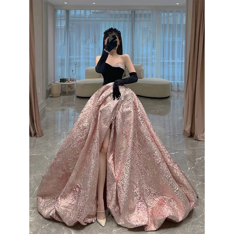 Vintage Evening Dress Bride Light Extravagant Thin Annual Meeting Banquet Bra Off Shoulder Slit Sexy Evening Dress Fluffy Skirt