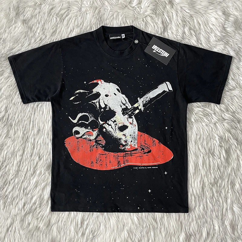 Hellstar Studios Halloween Skull Washed Pure Cotton Skeleton Print Short Sleeve T-Shirt Youth Summer Casual round Neck Top
