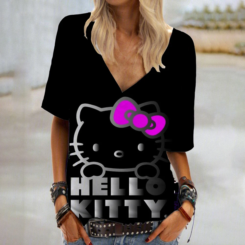 2025 New Summer High Quality Hello Kitty Anime Printed T-shirt Vitality Street Casual Women's V-neck Short sleeved Top