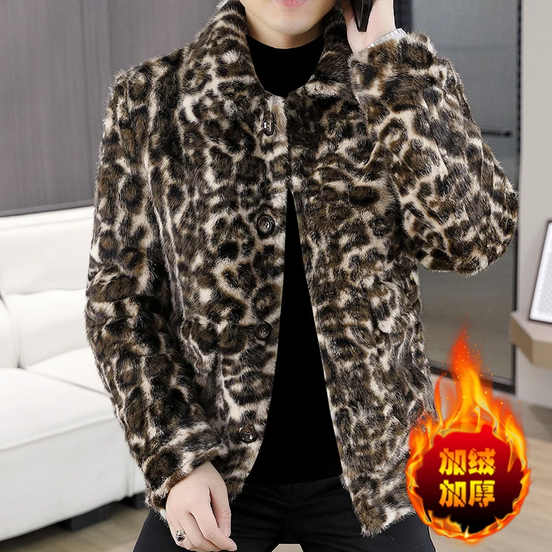 2025 Winter Leopard Print Faux Mink Fur Jacket for Men Fashion Thickened Fur Warm Faux Fur Coat Casual Social Streetwear Jackets