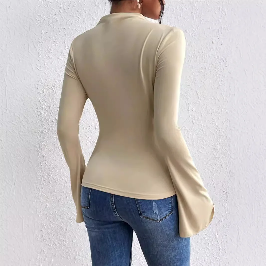 2026Women's Spring Summer New Style Fashionable and Versatile Design Bell Sleeve Stand Collar Slim Fit Women's T-Shirt for Women