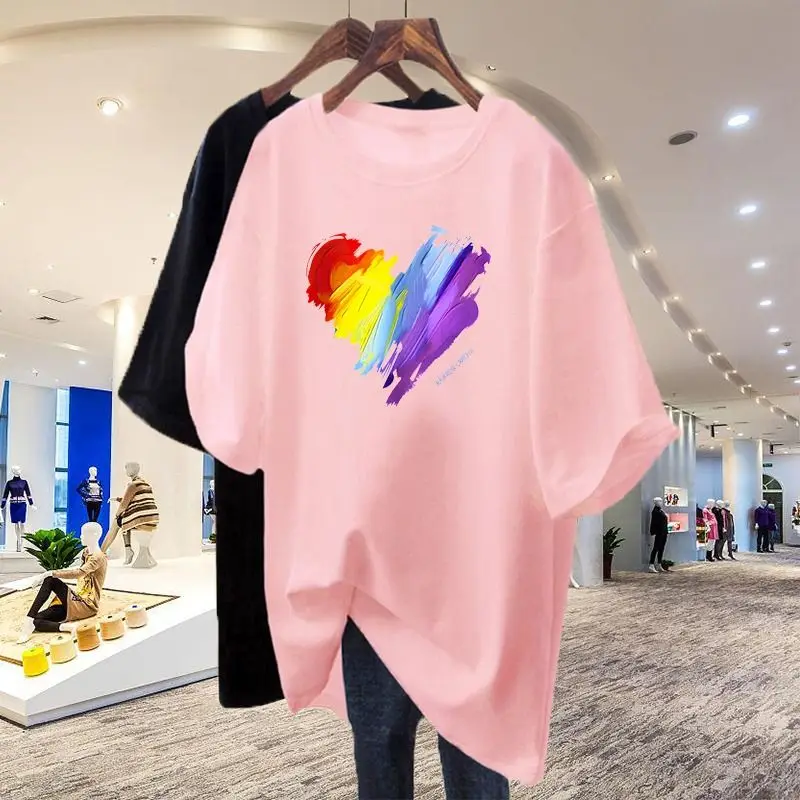 Rainbow Love Pure Cotton White Pullover T-shirt for Women Summer Short Sleeve Fashion Round Neck Loose-fitting Middle Length Top