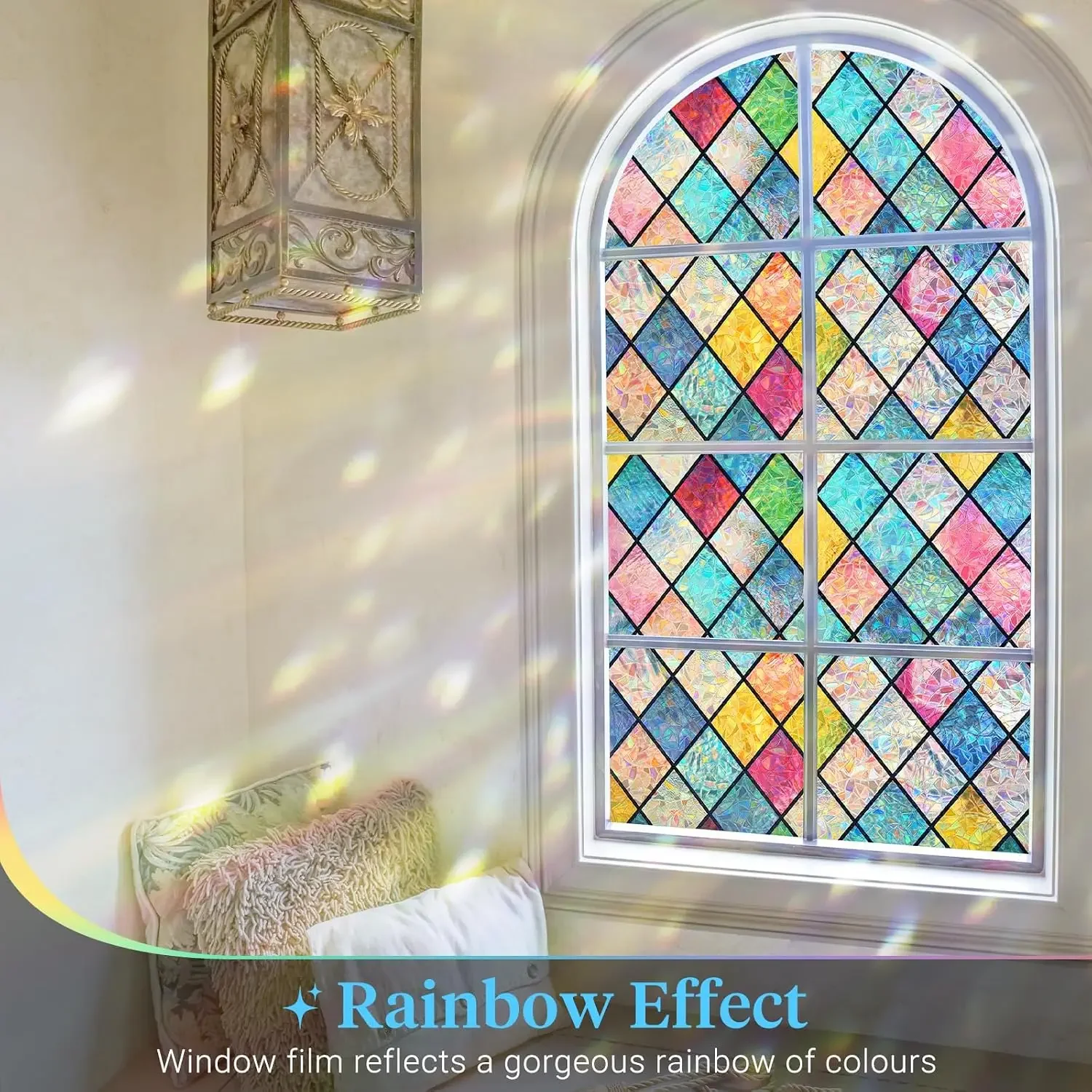 Stained Glass Winodw Film, Rainbow Lattice Stickers, Non Adhesive Decorative Window Cling, UV Sun Blocking Heat Control for Home