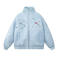 Winter Men Women Embroidery Jewelry Decoration Streetwear Fashion Loose Casual Cotton Jacket Parkas Coat Unisex Outerwear