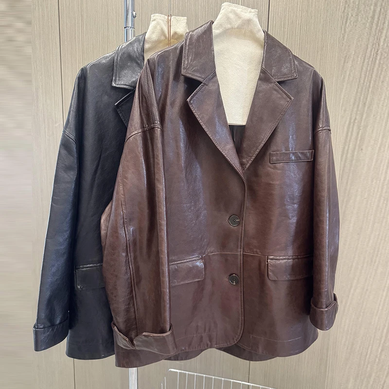 Vintage Oil Waxed Blazer Jackets 2026 Spring High-quality Women Mid-length Single-breasted Genuine Leather Oversized Suit Coat