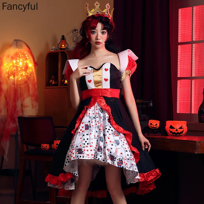 Costumi di Halloween Red Queen Poker abiti stampati per le donne Alice nel paese delle meraviglie Peach Heart Queen Character Costume Sexy Dress