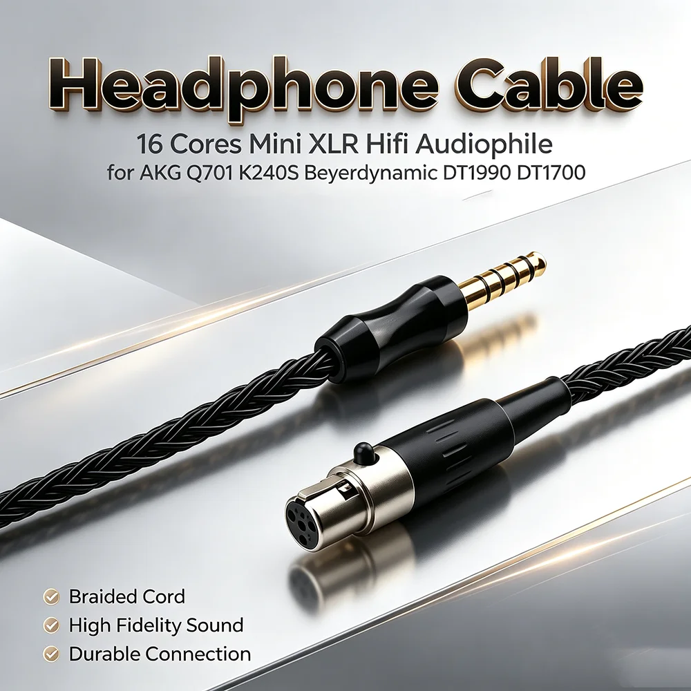 16 Core Mini XLR Headphone Upgrade Cable for AKG K712 K702 Q701 HD490 pro DT990 with 4.4mm/3.5mm Balanced Optional Cord