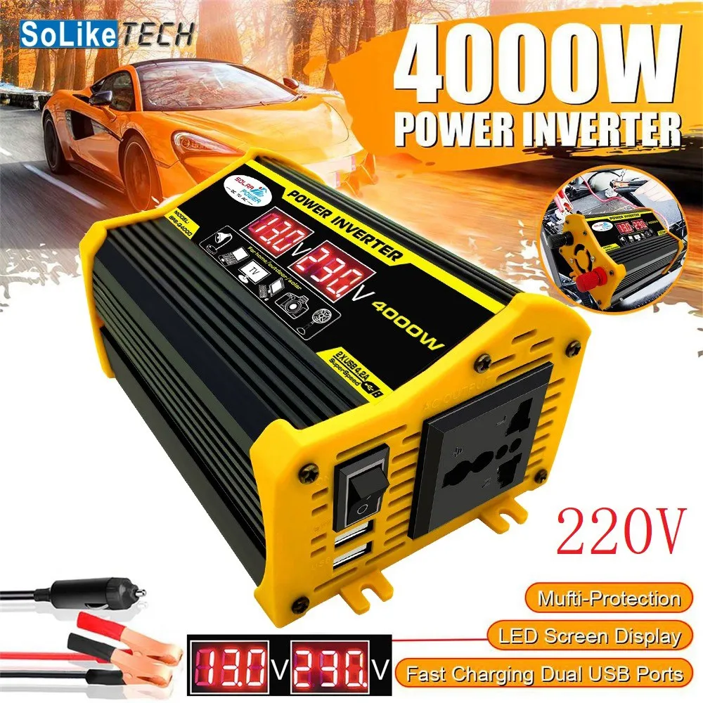 600W 12V to 220V Car Power Inverter Converter Charger Adapter Dual USB Voltage LCD Display