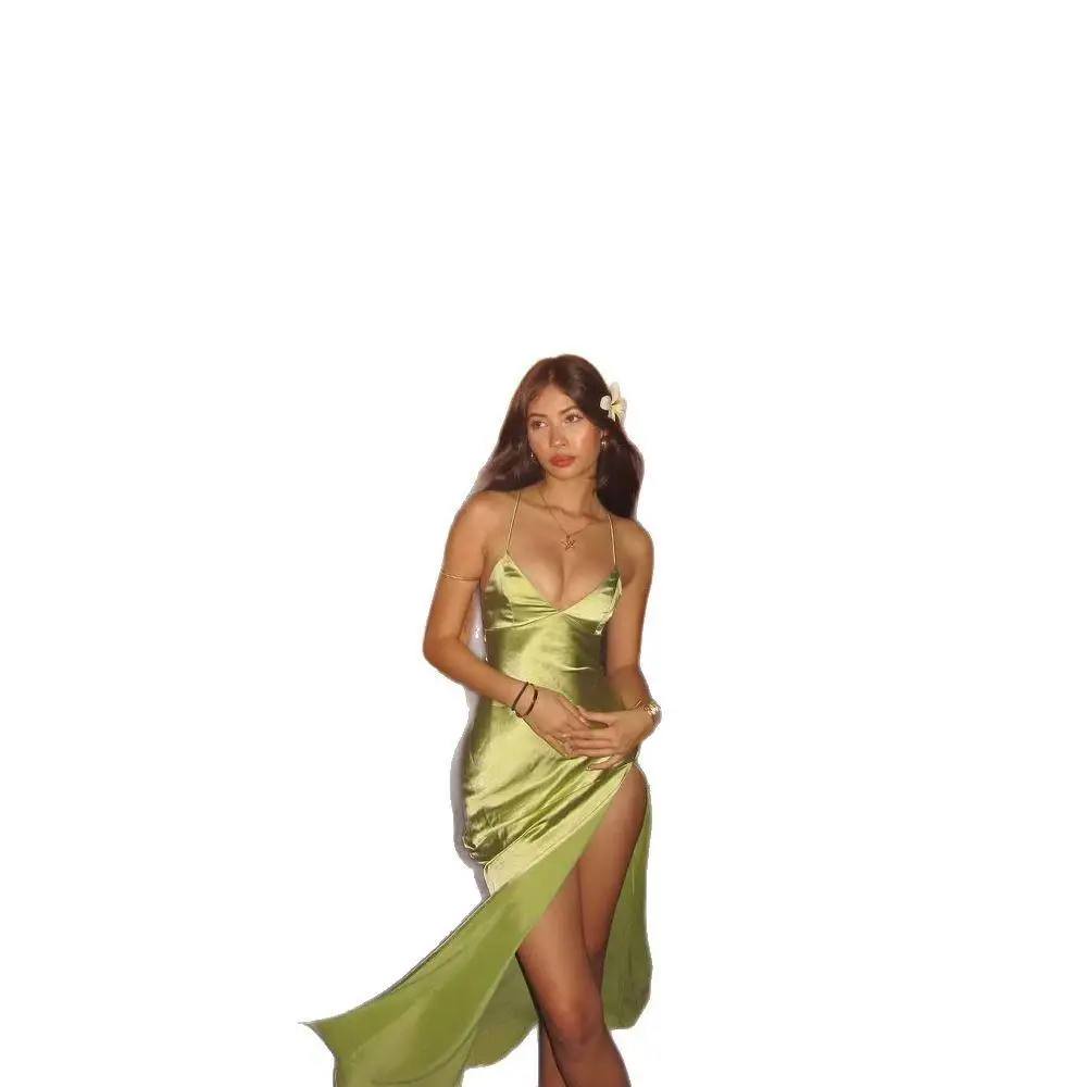 تنورة صيف 2025 Ele Satin Bal Midi Dr V-Ne ذات فتحة عالية الخصر Svel Tee-acetate Fiber Ciwalk Dr