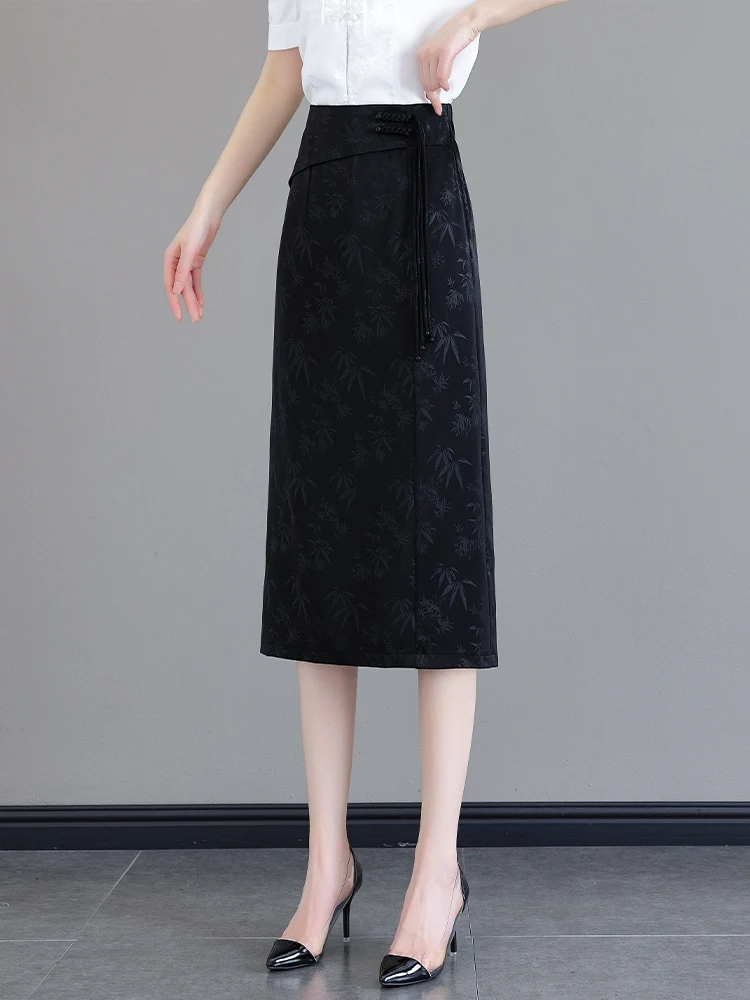 

Черная новая женская юбка миди в китайском стиле, летняя, тонкая, с высокой талией, с разрезом, вышивкой, средней длины, в национальном стиле, с запахом