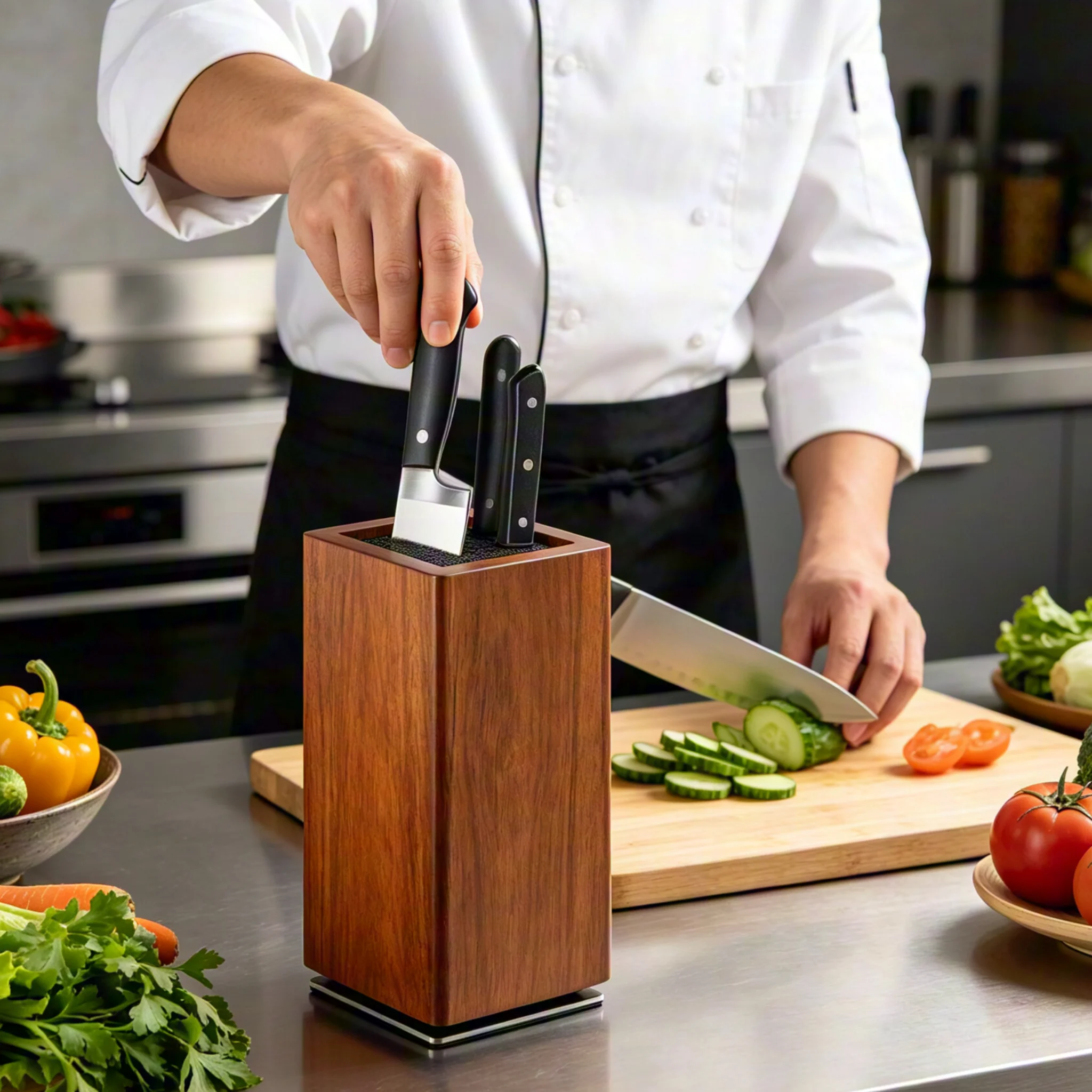 Bloc à couteaux magnétique robuste 1600Gs, 360 °   Bloc à couteaux magnétique rotatif, base en bois, support à couteaux magnétique avec insert en poils, résistant aux rayures, pour couteau de chef, couteau à pain, ciseaux (marron)