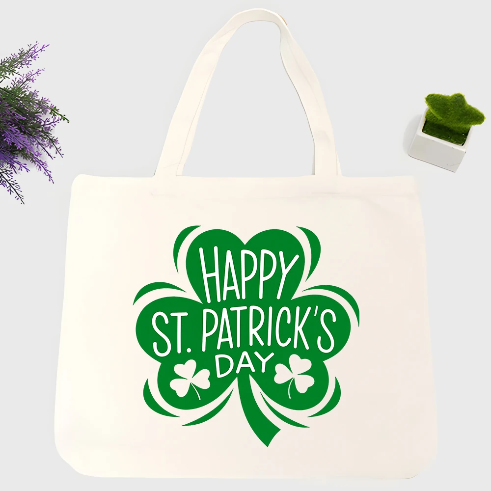 Unisex shamrock letter print canvas tote bag, casual style for St. Patrick's Day celebrations and daily shopping