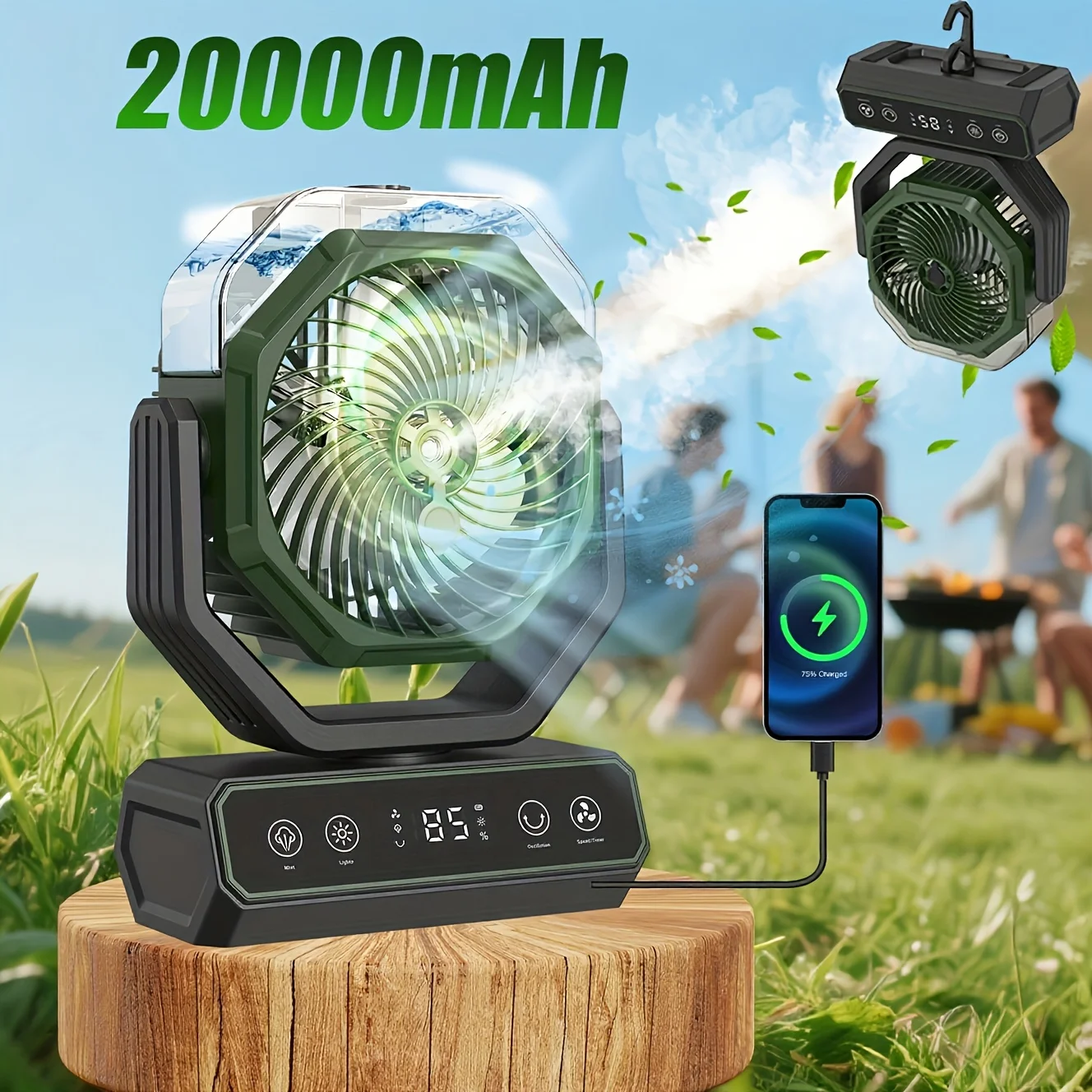 

Портативный вентилятор-увлажнитель V JULES.V 20000 мАч USB-C с 9-цветной RGB-подсветкой, бесшумным охлаждением, крючком для кемпинга/йоги, аварийное питание