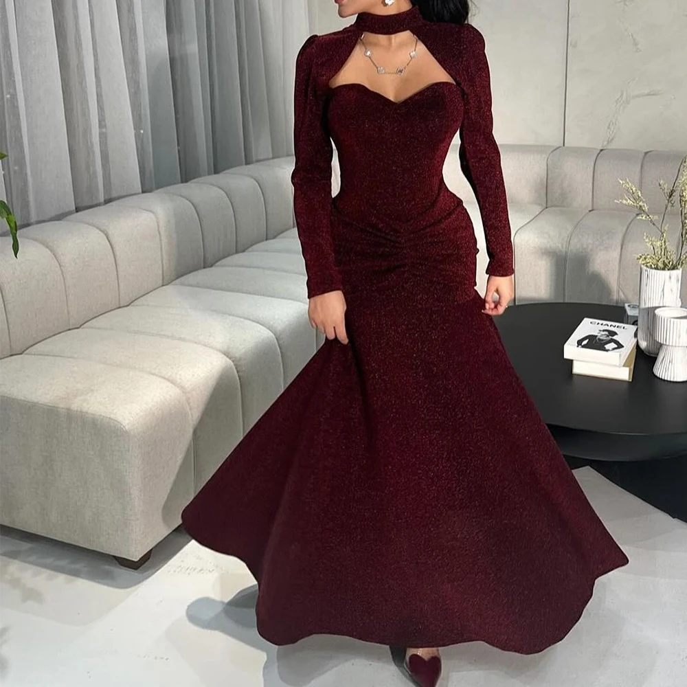 Customized Graceful Jersey A-Line Draped Evening Dress High Collar Long Sleeves Zipper Back Burgundy Bespoke Occasion Gowns