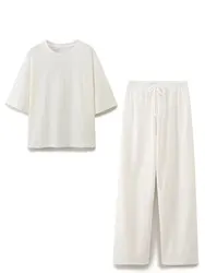 HH Summer Women Casual T Shirt Pant Sets Elegant Pink O Neck Short Sleeve T-Shirt + Drawstring Loose Trousers Spring Suit