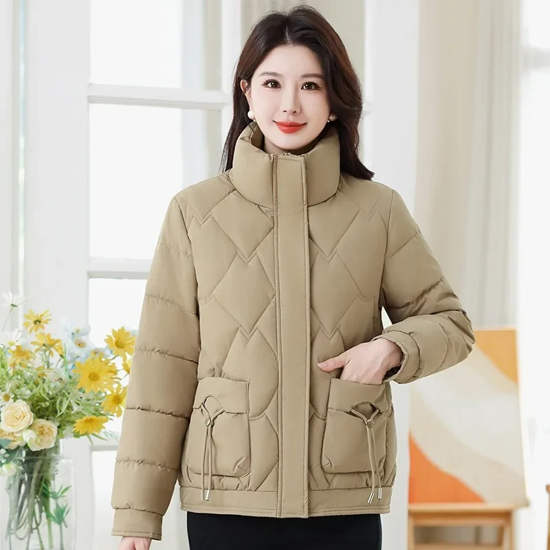Women Stand Collar Puffer Jacket Short Diamond Quilted Padded Coat Down Thickened Thermal Insulated Windproof Winter Outerwear