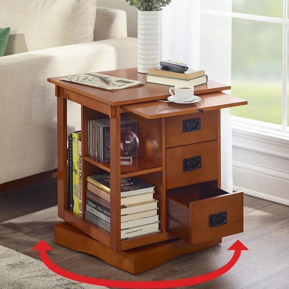 Rotating End Table - Walnut, Rotates 360 Degrees, Built-in Bookshelf, Built-in Magazine Rack, Pull-Out Tray