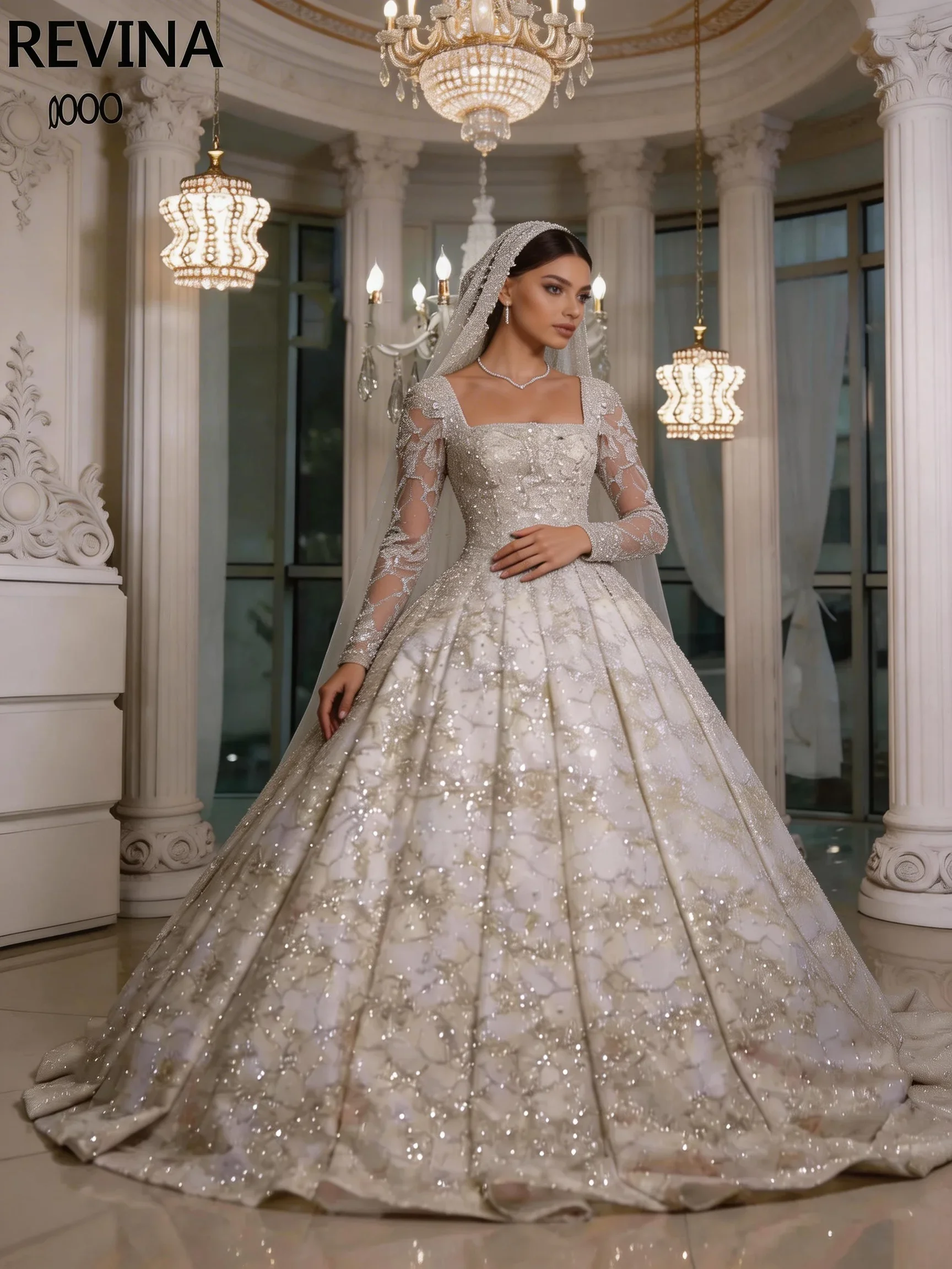 

Women's Sparkling Ball Gown Wedding Dress Lace Long Sleeve Square Neck Beaded Sequins Customized Bridal Robe De Marie