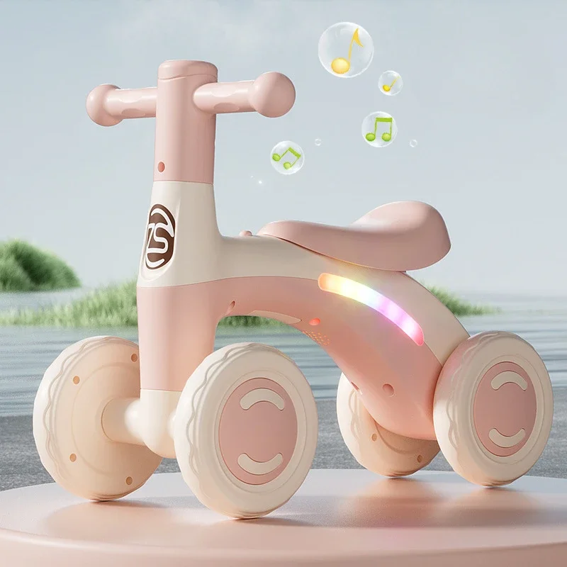 Anti-Tip Baby Balance Bike Ages 1-3 4-Wheel Silent Glider Walker Toy Toddler Training Ride-On with Safety Wheels Indoor Outdoor