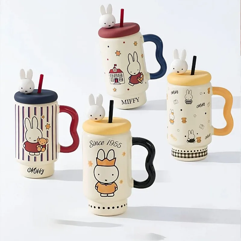 Miffy Kawaii Anime Cartoon Mug with Lid Office Household Use Drinking Glass Ceramic Straw Coffee Exquisite Simple Souvenirs